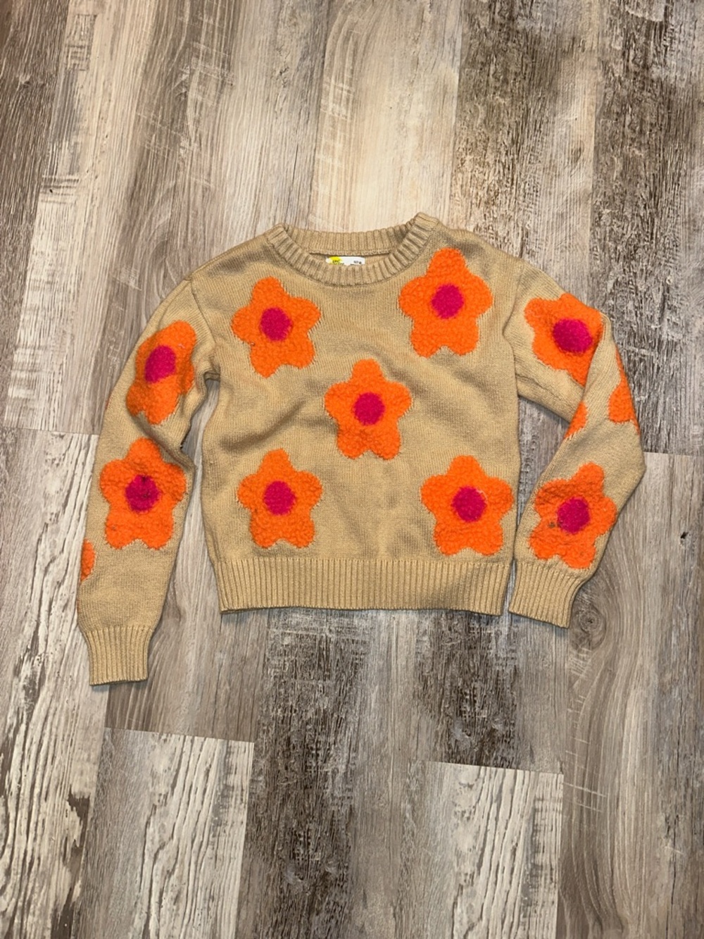 Beige Floral Crewneck Sweater with Orange & Pink Flowers